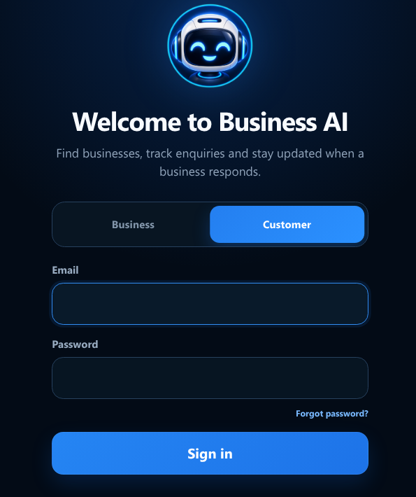 Real Business AI customer account screen